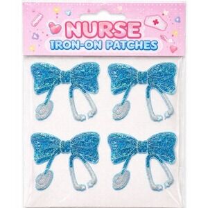 Nurse Stethoscope Bow Iron-On Patches Blue Glitter Sequin Scrubs Applique 4 Pack